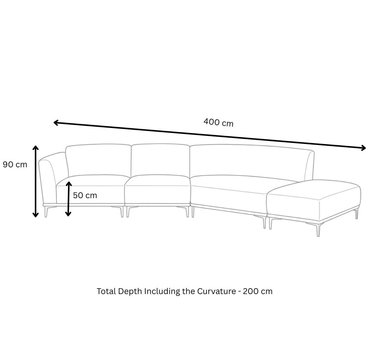 Optimus 3-Seater Curved Sofa with Ottoman dimension diagram showing 400 cm length, 200 cm depth, 90 cm height and 50 cm seat height