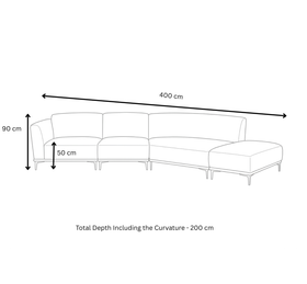 Optimus 3-Seater Curved Sofa with Ottoman dimension diagram showing 400 cm length, 200 cm depth, 90 cm height and 50 cm seat height