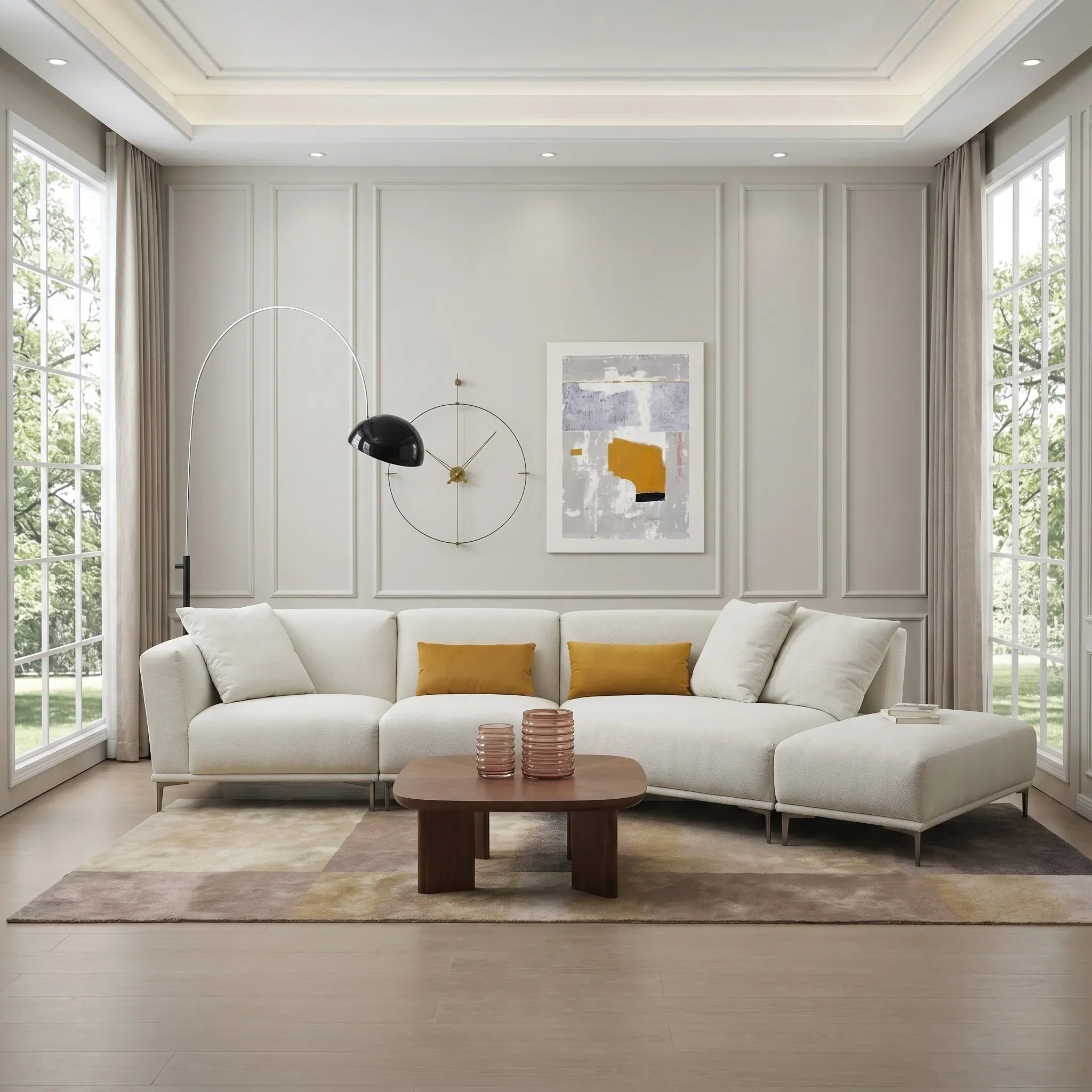 Modern living room with a off white sofa, wooden coffee table, and abstract art on the wall.