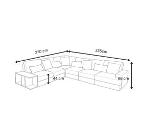 Opulence Corner Sofa dimensions diagram — 335cm long leg, 270cm chaise leg, 44cm seat height, 88cm total height