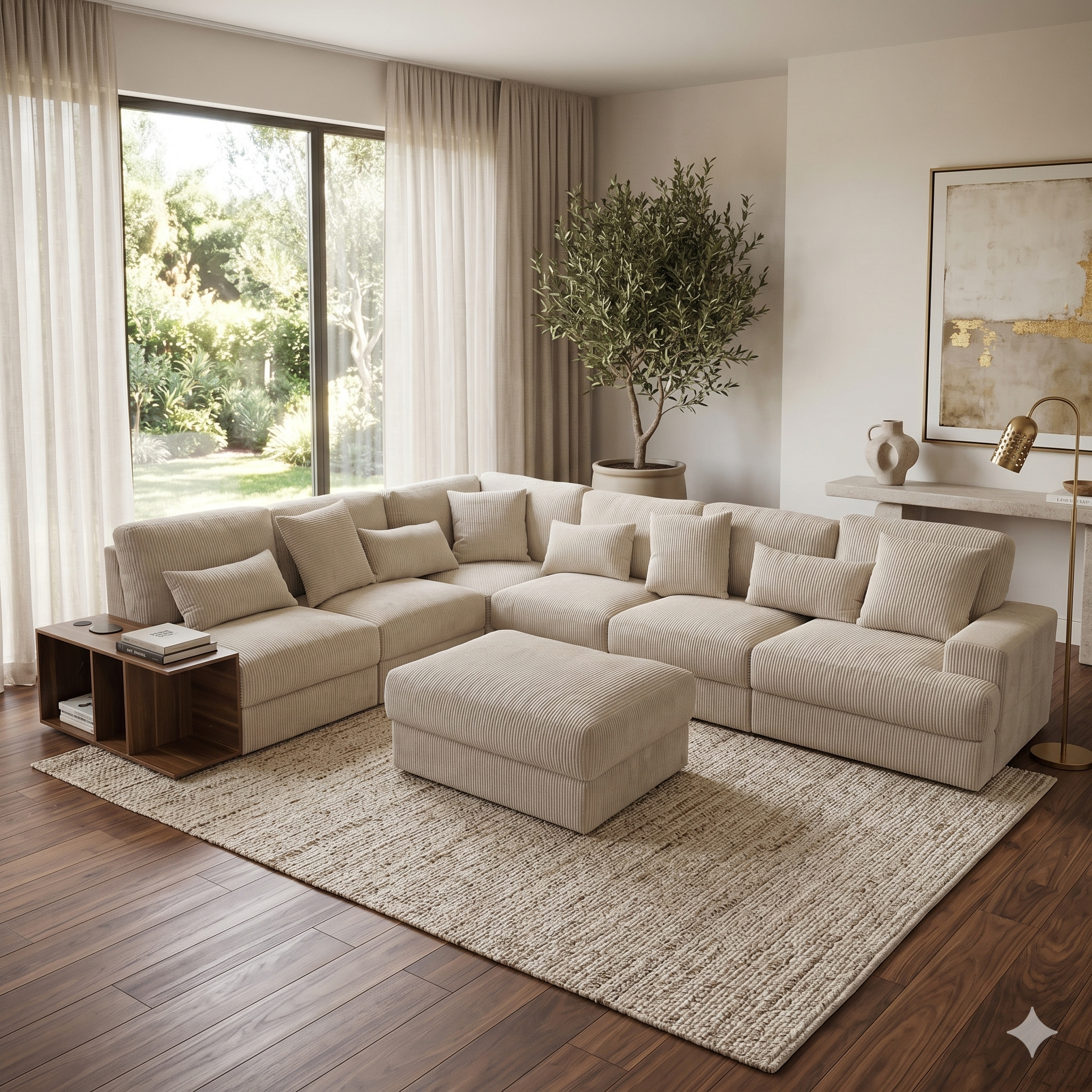 Beige sectional sofa in a living room with large windows and decorative elements.