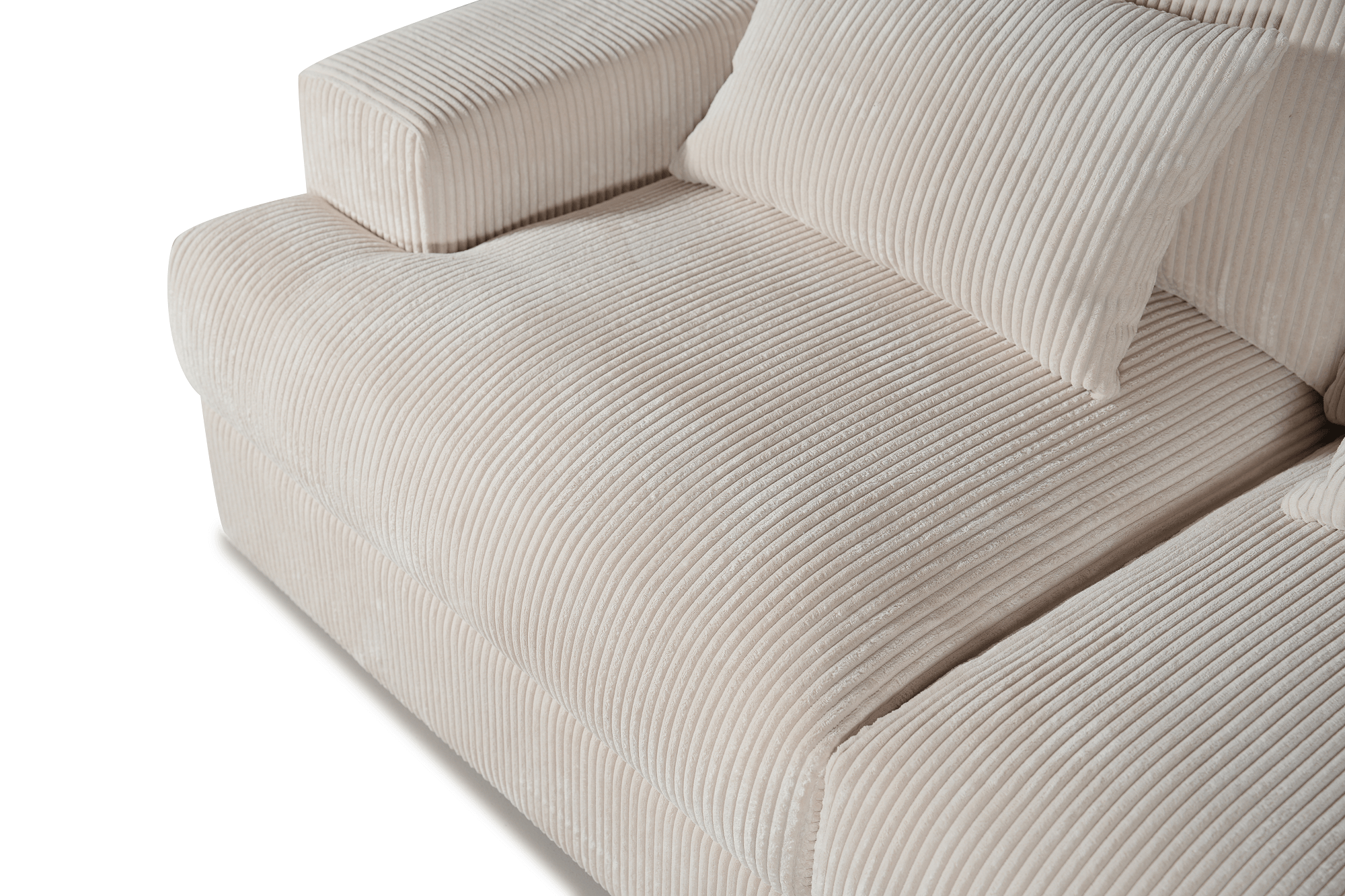 Beige corduroy fabric sofa with wide armrest and matching textured cushion