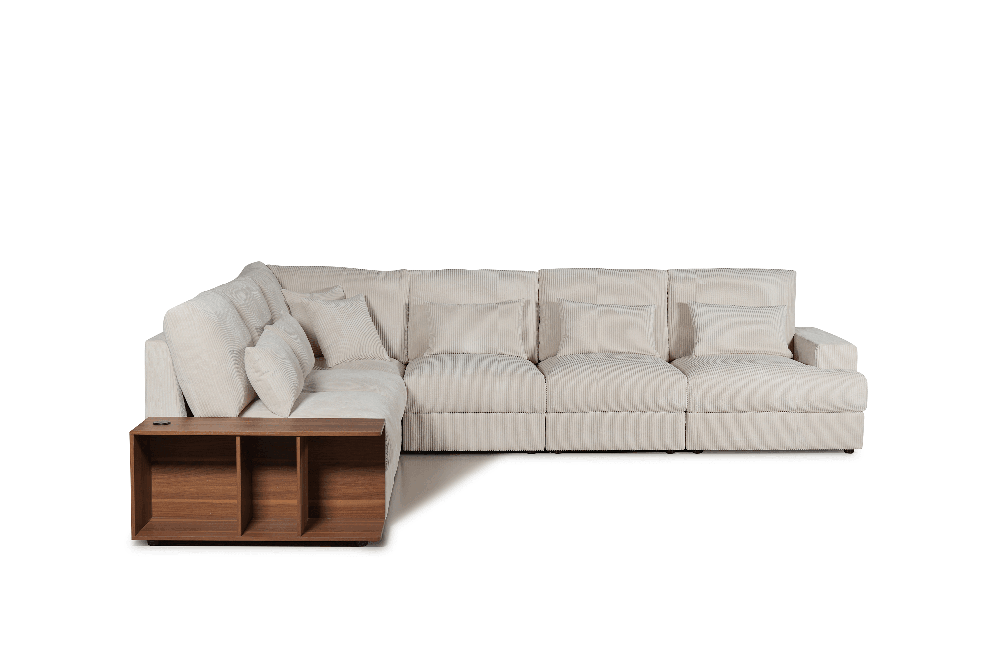 Modern beige L-shaped corduroy sectional sofa with wooden built-in side table and multiple cushions