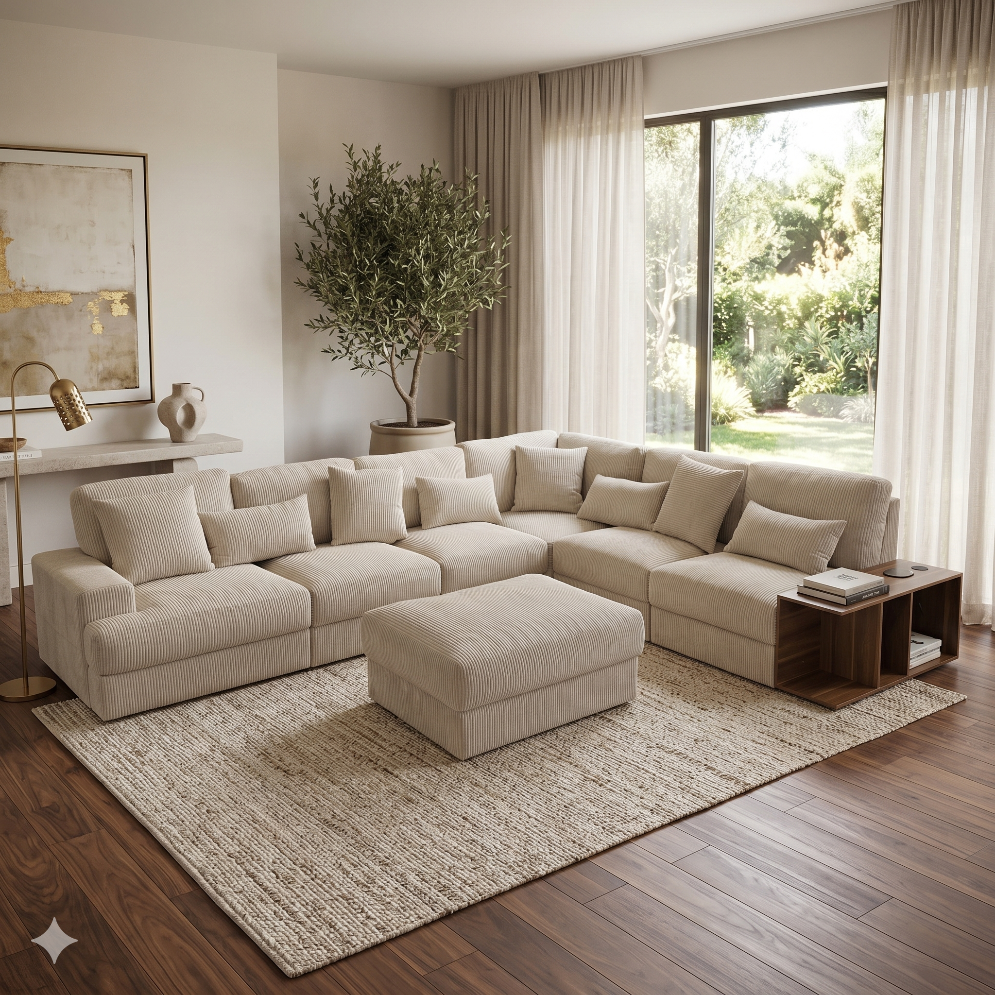 Beige sectional sofa in a living room with a large window and decorative elements.