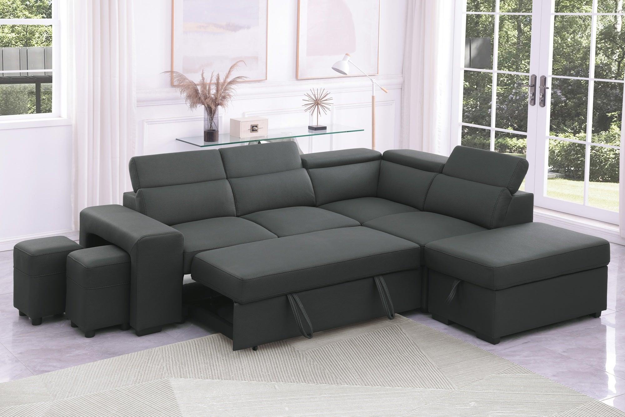 Modern grey sectional sofa bed with storage ottomans in a bright living room