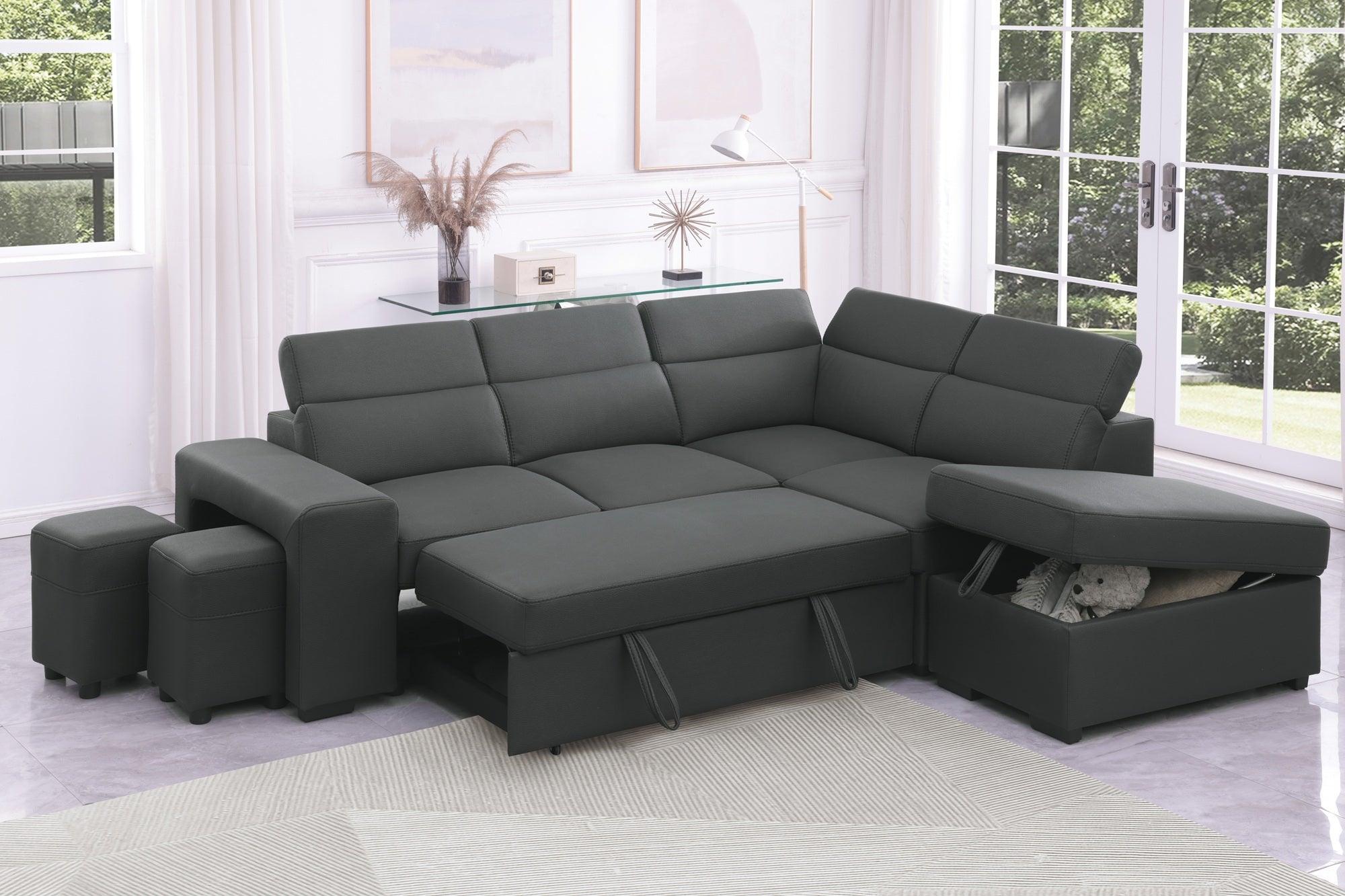Modern dark grey sectional sofa bed with storage chaise and ottomans in bright living room