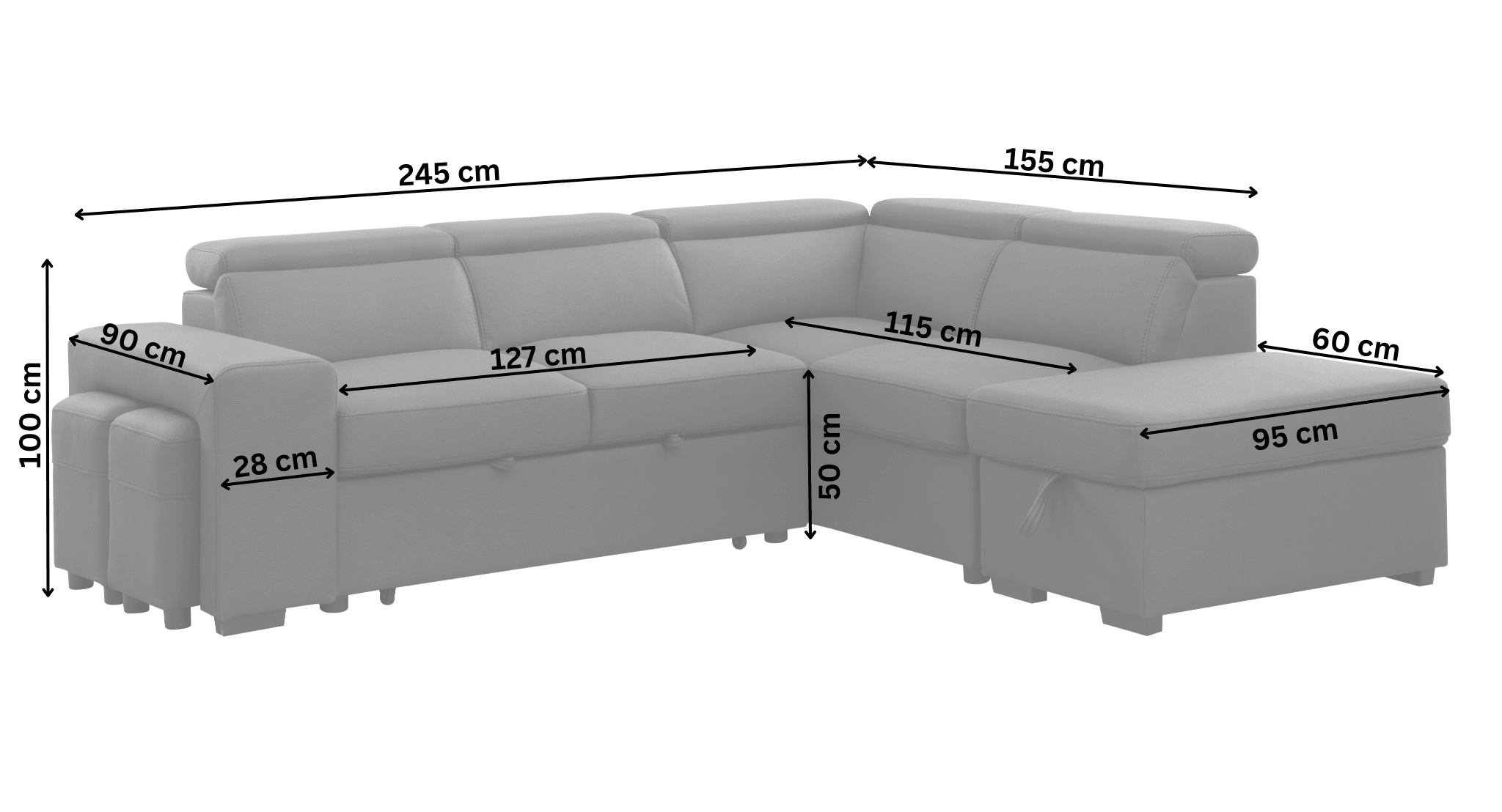 Pull-out corner sofa bed dimensions labeled in centimeters, showing seat and armrest sizes