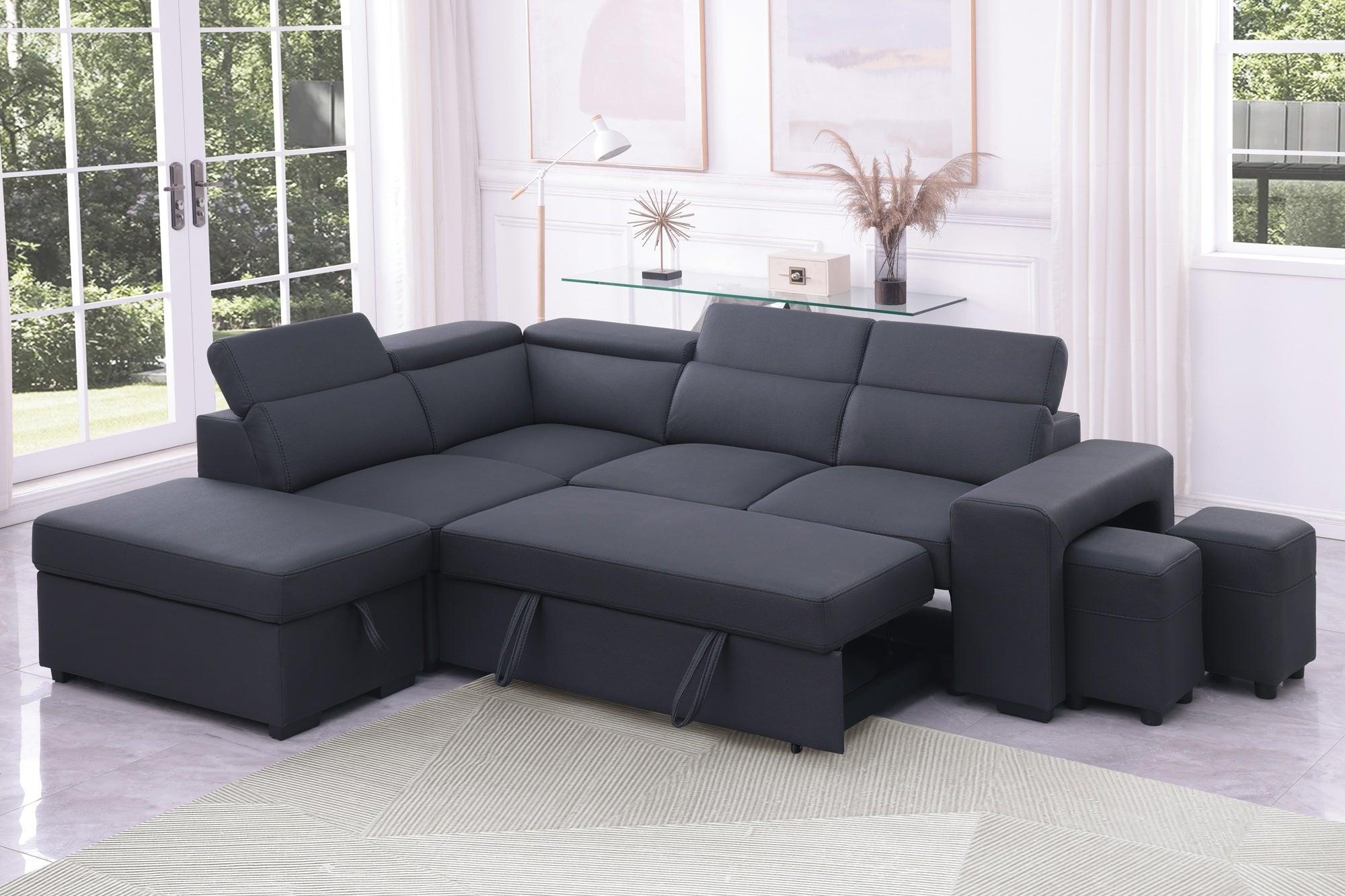 Modern black sectional sofa with adjustable headrests and ottomans in a bright living room