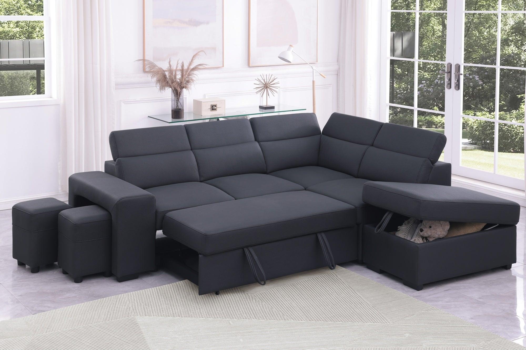 Dark grey modular corner sofa bed with storage ottoman and stools in a bright living room