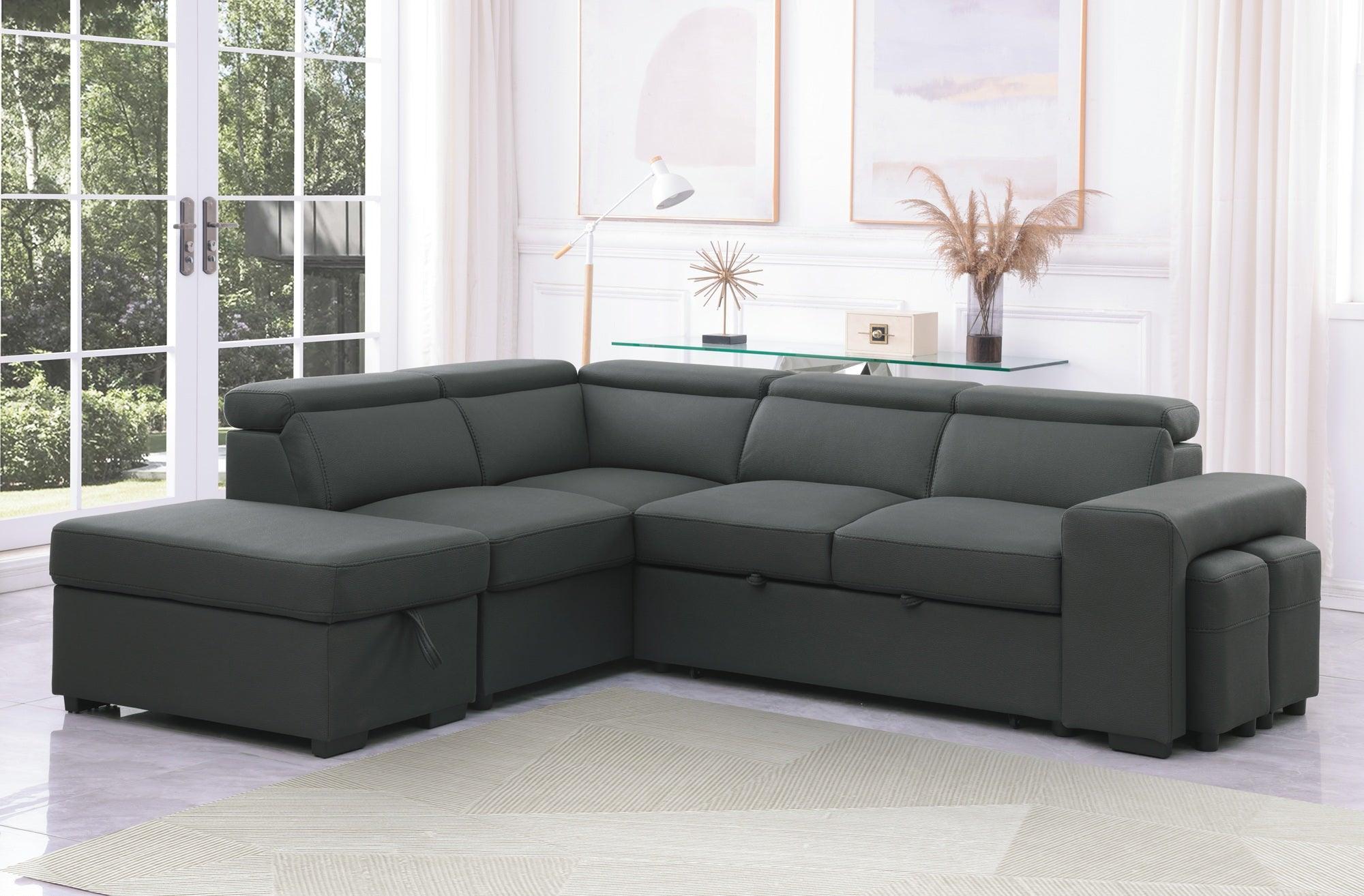 Modern dark grey L-shaped sectional sofa with adjustable headrests in bright living room