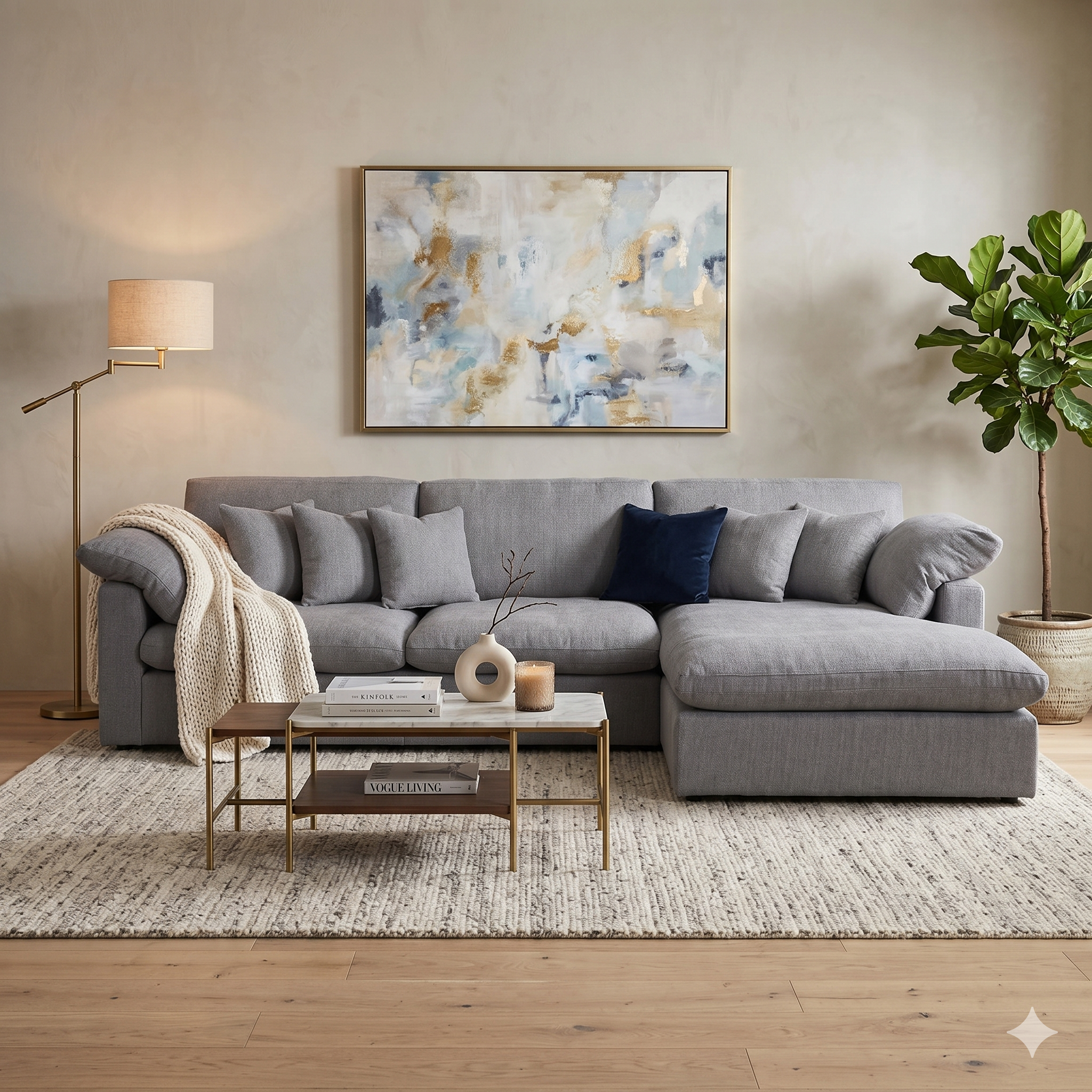 Gray 3 seater sofa in a living room with abstract art, coffee table, and decor.