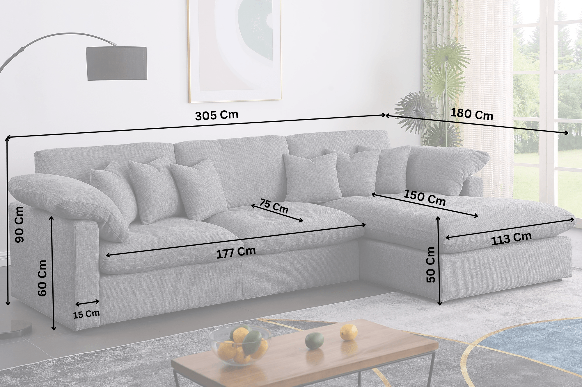 Grey 3-seater chaise lounge sofa in living room with detailed size measurements in centimeters