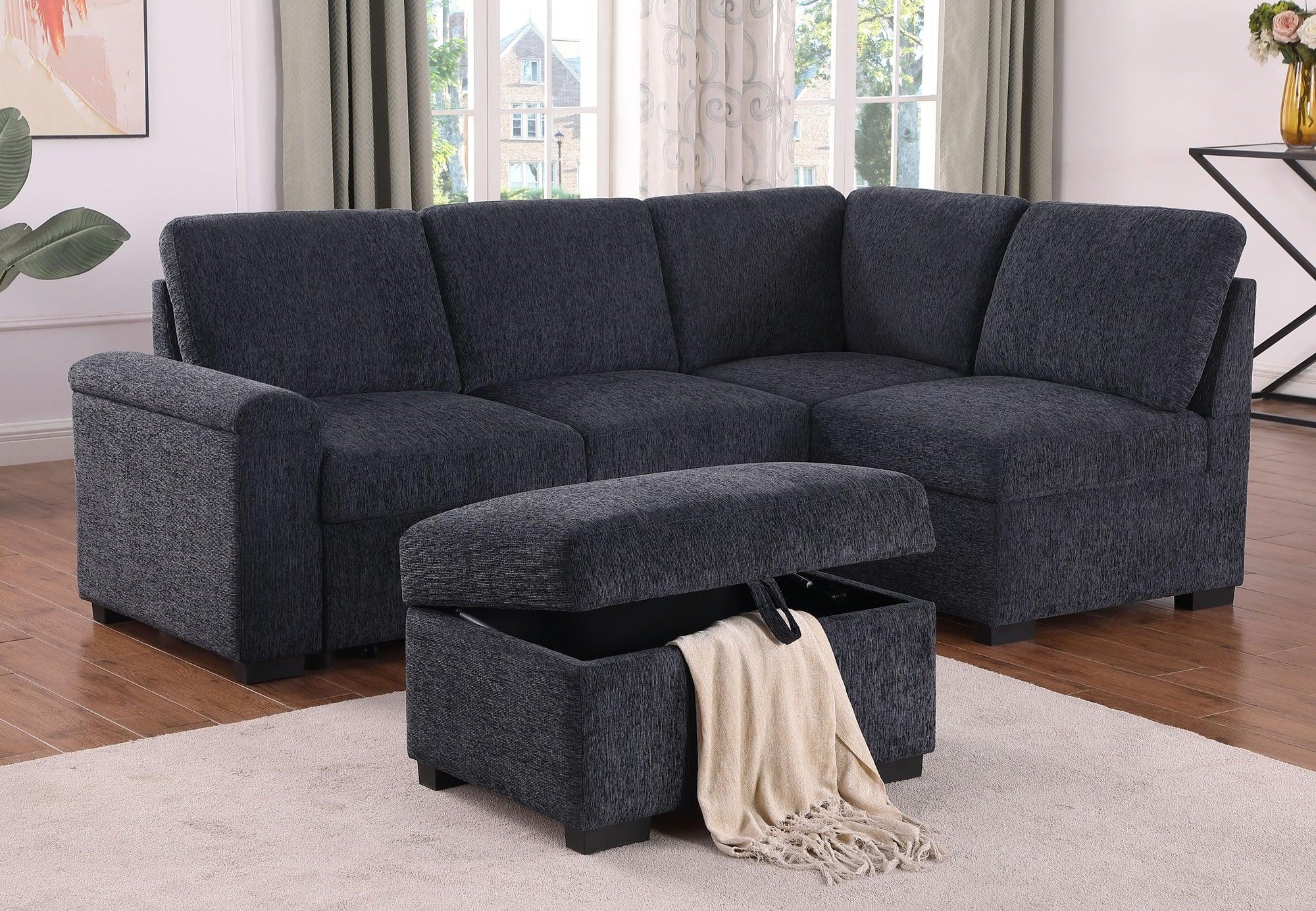 Dark grey fabric sectional sofa with storage ottoman in modern living room