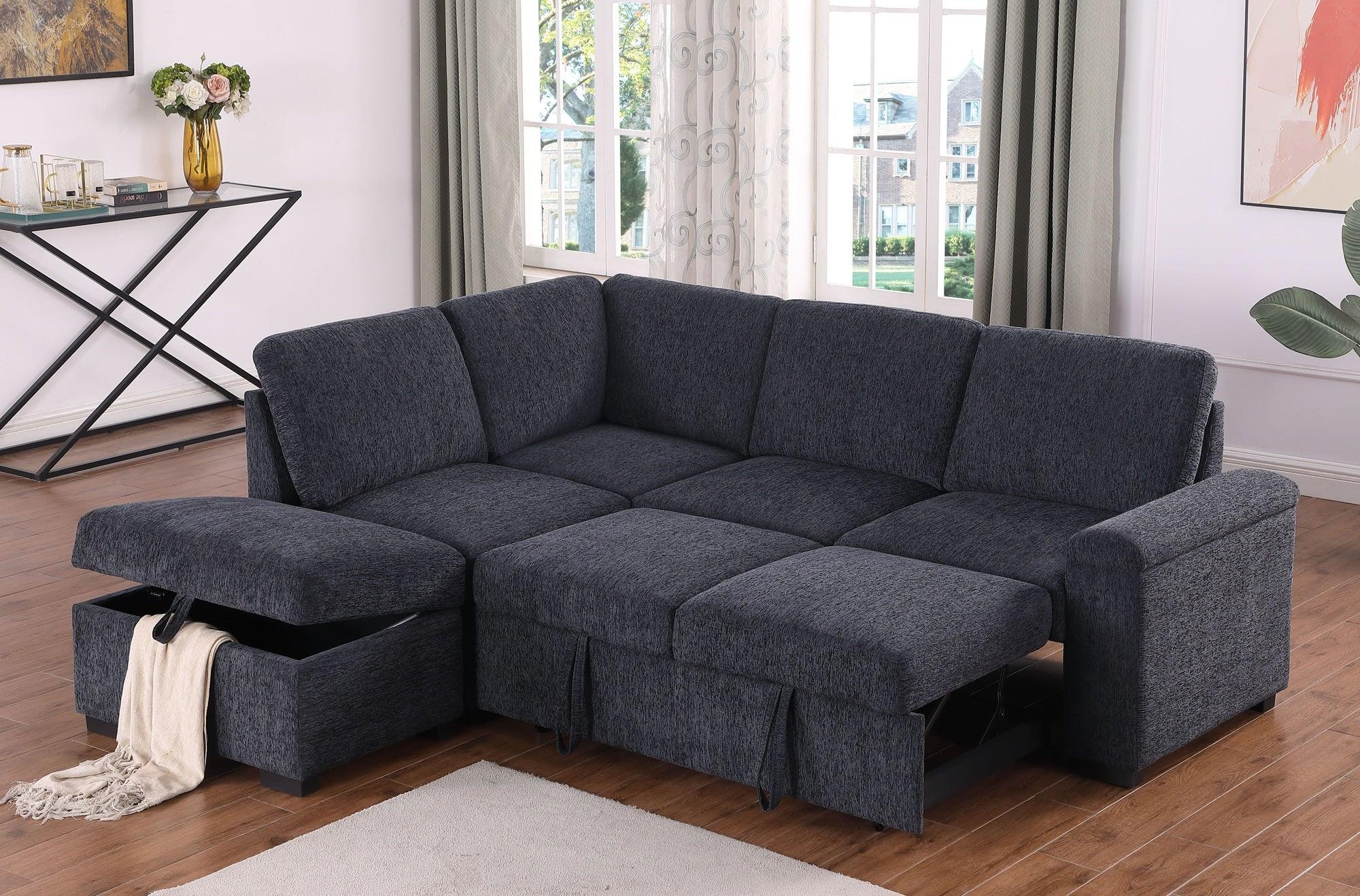 Dark grey corner sofa bed with storage chaise in modern living room setting