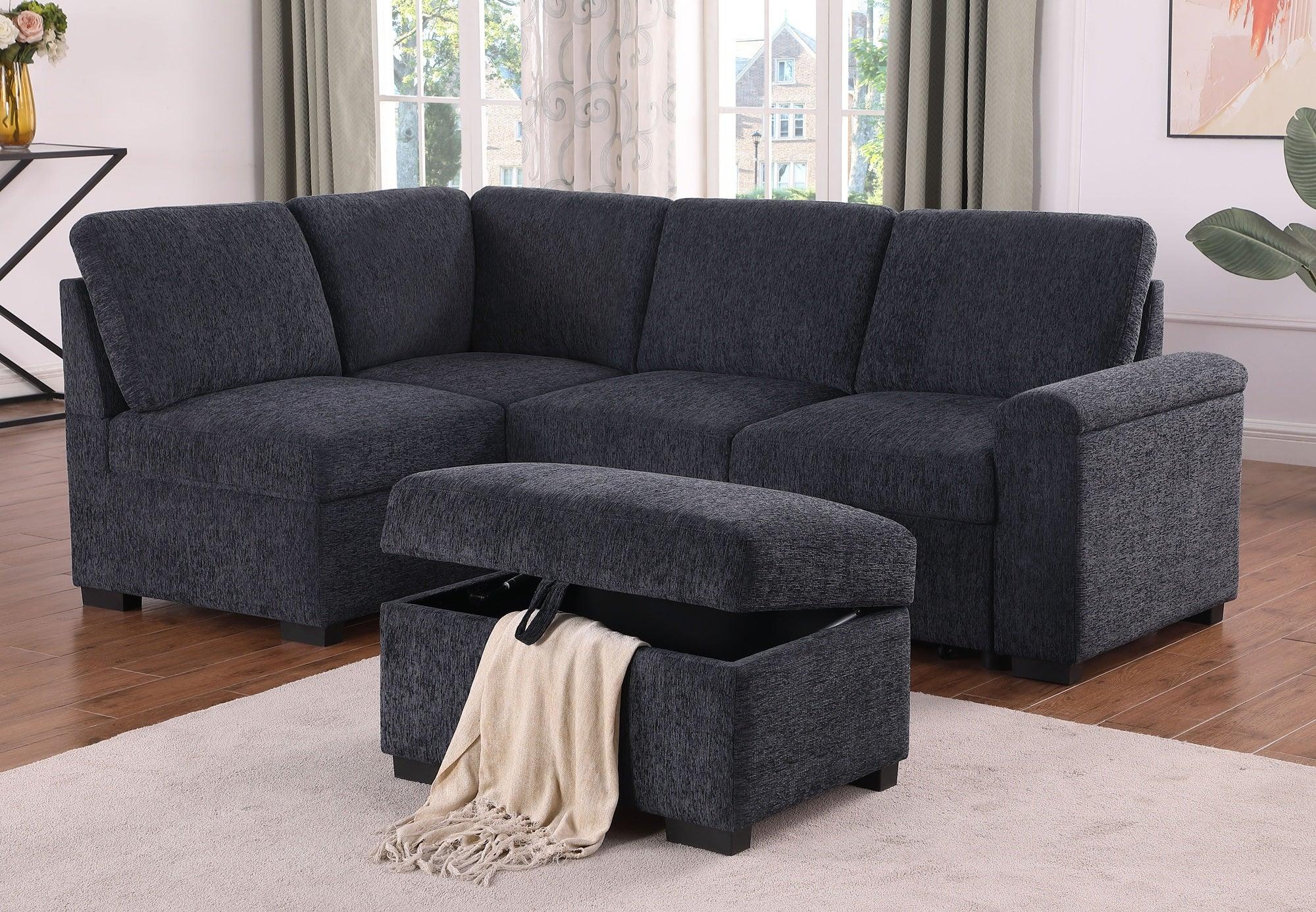 Dark grey sectional sofa with storage ottoman in modern living room setting