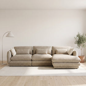 Otway L-Shaped Fabric Lounge in Beige styled in a living room, left-hand chaise