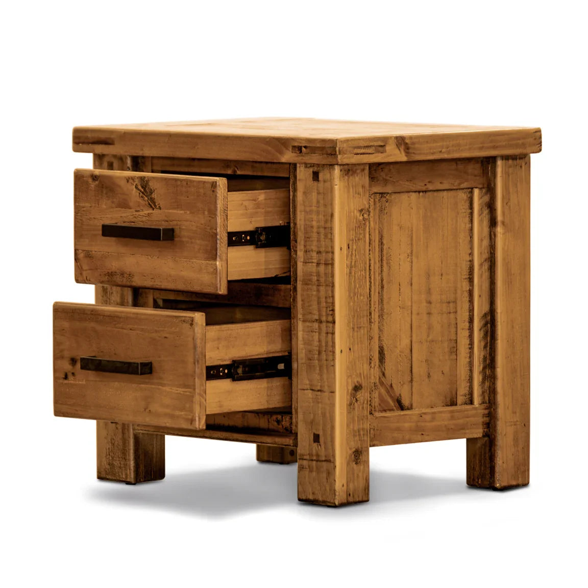 Rustic wooden bedside table with two open drawers and metal handles