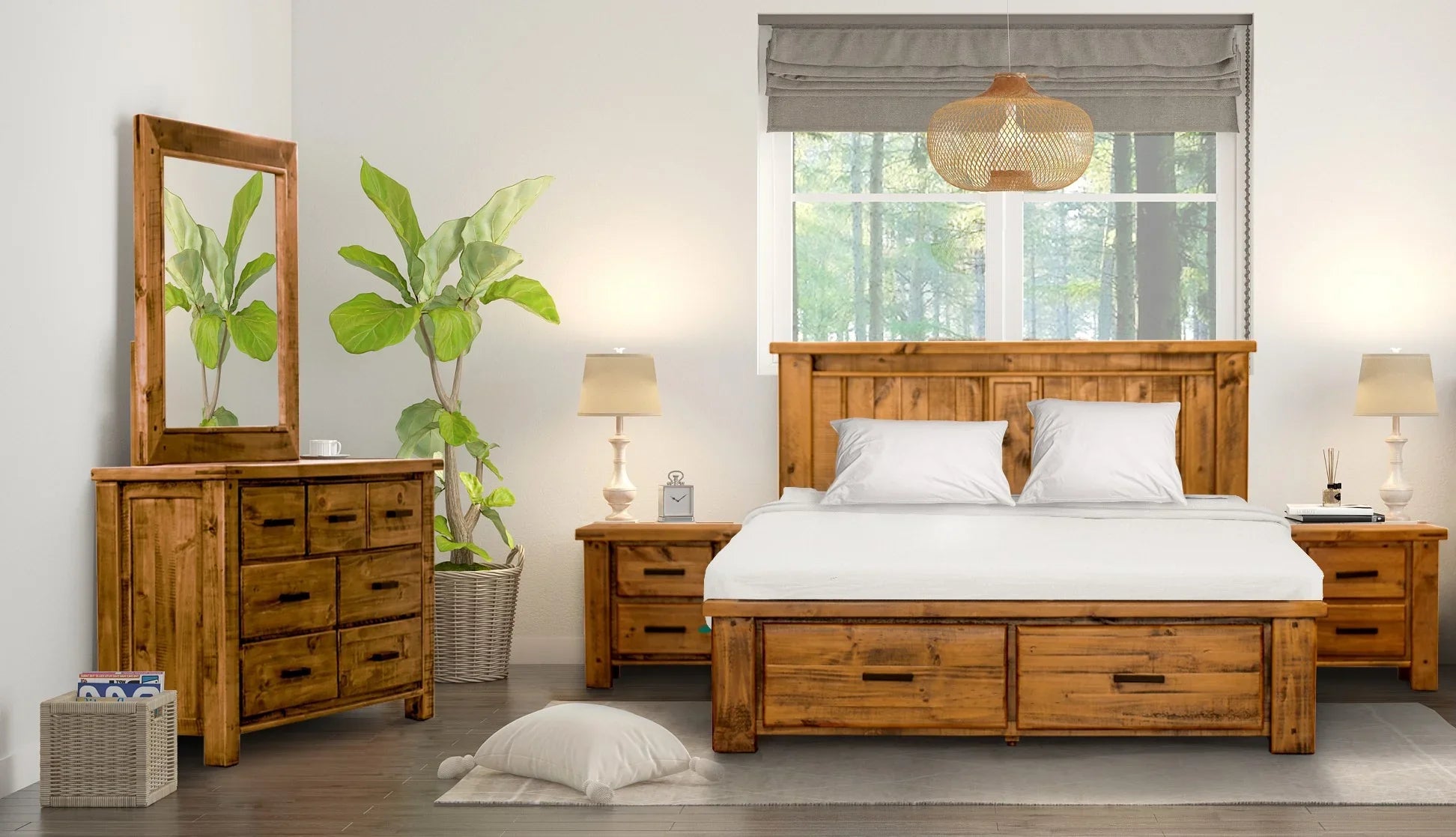 Rustic timber bedroom suite with queen bed, dresser, mirror, and bedside tables