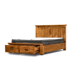 Wooden bed frame with high headboard and two front storage drawers, mattress included.
