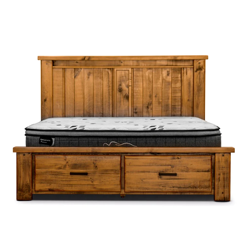 Rustic wooden bed frame with headboard and two storage drawers, shown with mattress