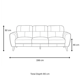 Pearl 3 Seater Leather Lounge dimensions diagram — 198cm length, 90cm depth, 46cm seat height, 92cm overall height