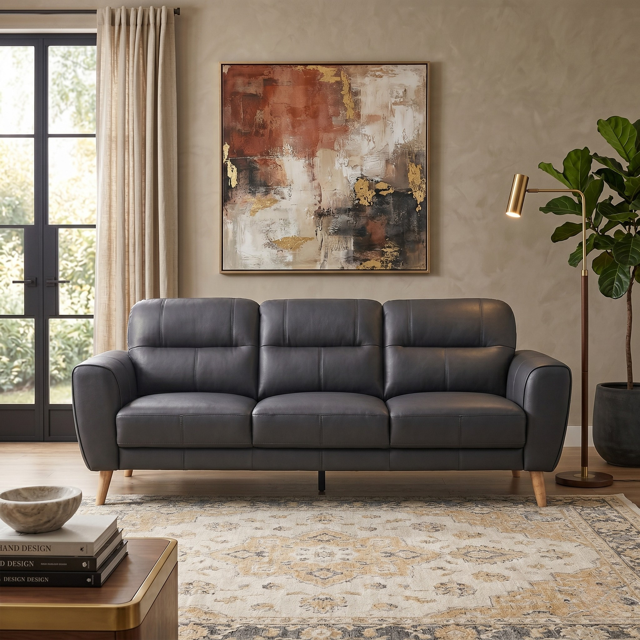 Pearl 3 Seater Leather Lounge in dark grey with cushioned seats and wooden legs, placed in a modern living room setting with a patterned rug and abstract wall art.