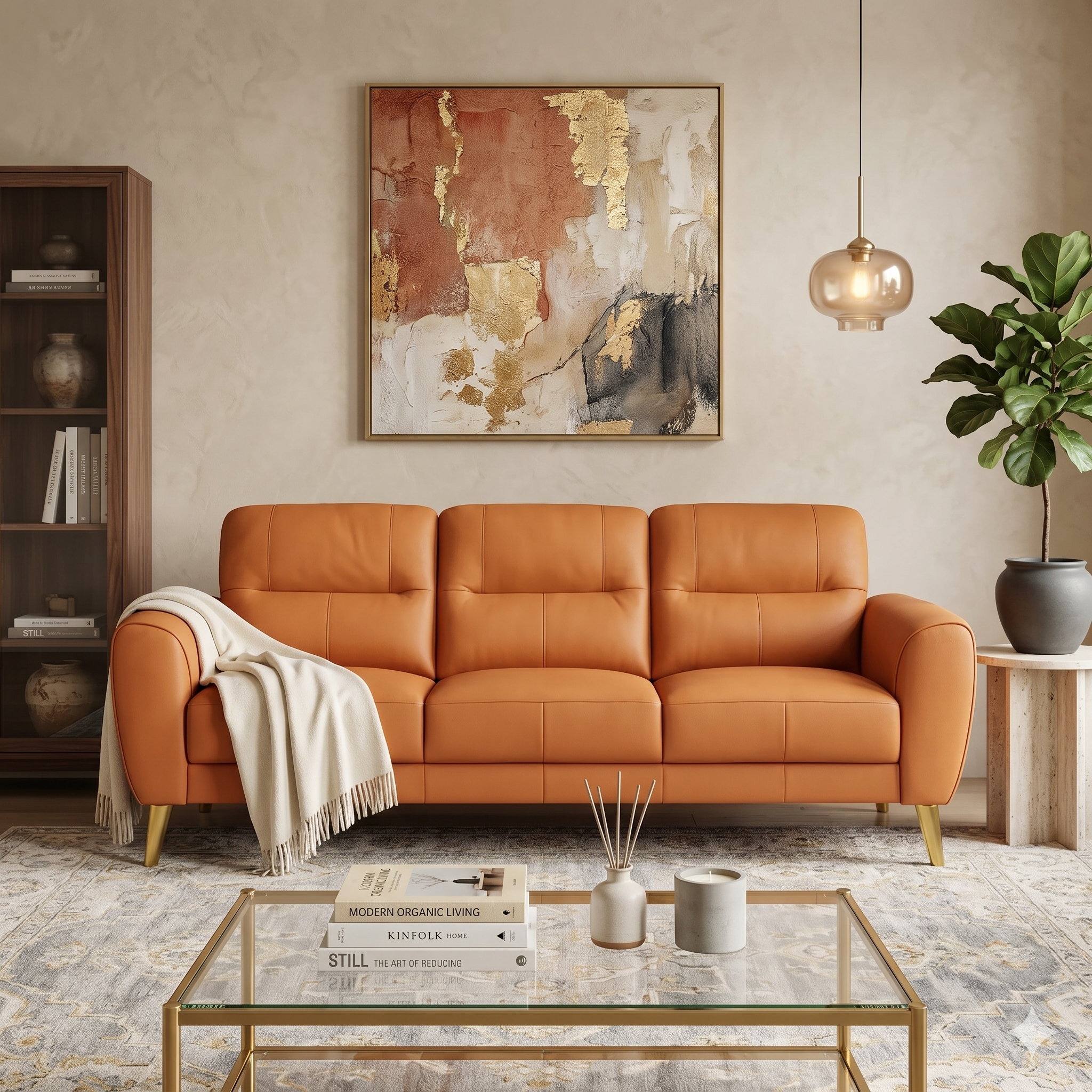 Living room with an orange sofa, glass coffee table, and abstract painting on the wall.