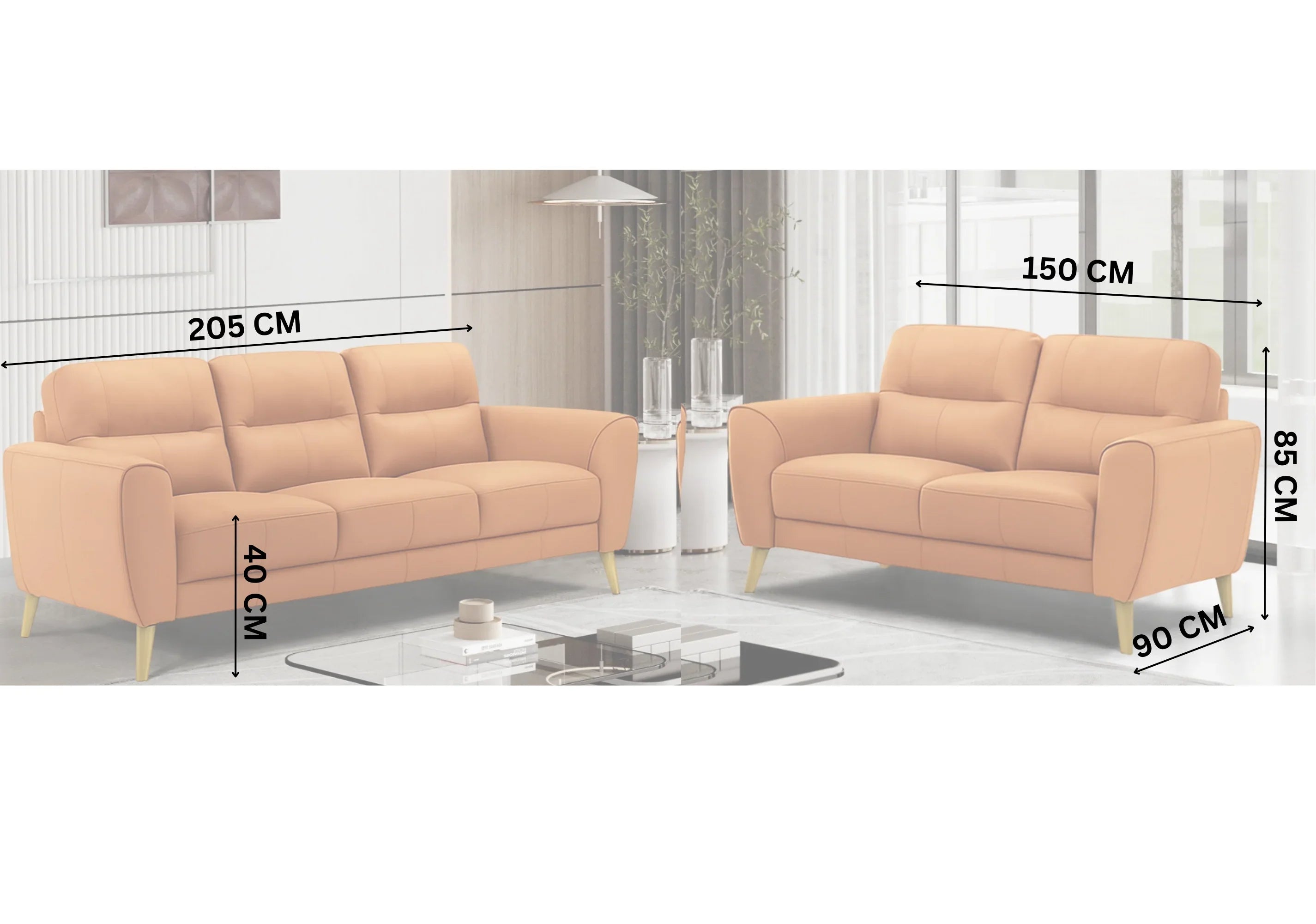 Beige sofa set in living room with dimensions labeled: 205x90x85 cm and 150x90x85 cm.