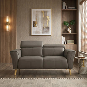Penelope 2 Seater Leather Lounge sofa in muted gray with wooden legs, placed in a modern living room featuring warm wooden accents, a framed abstract painting, and a marble side table.