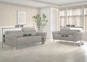 Grey sofa set with dimensions marked in a living room setting