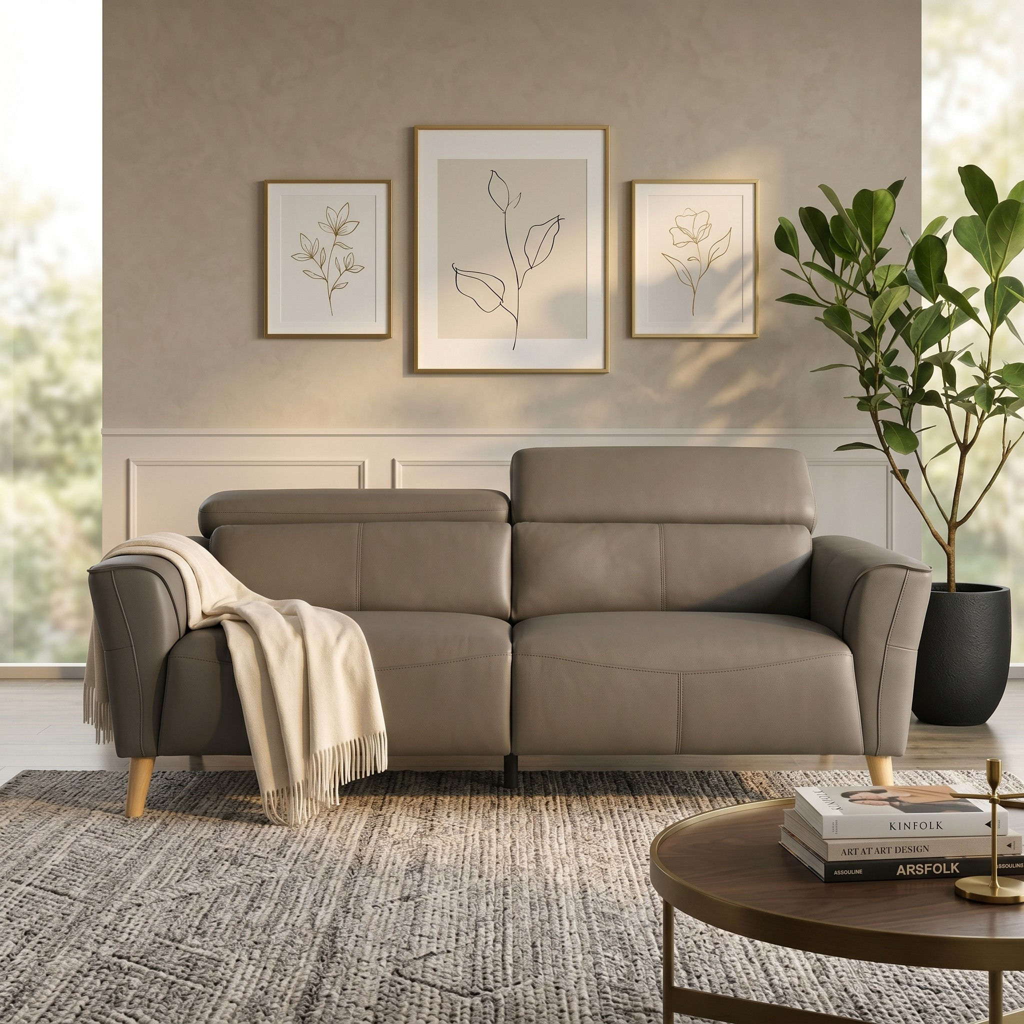 Penelope 3 Seater Leather Lounge in taupe with wooden legs, styled with a light throw and placed in a modern living room featuring minimalist botanical wall art and a round coffee table.