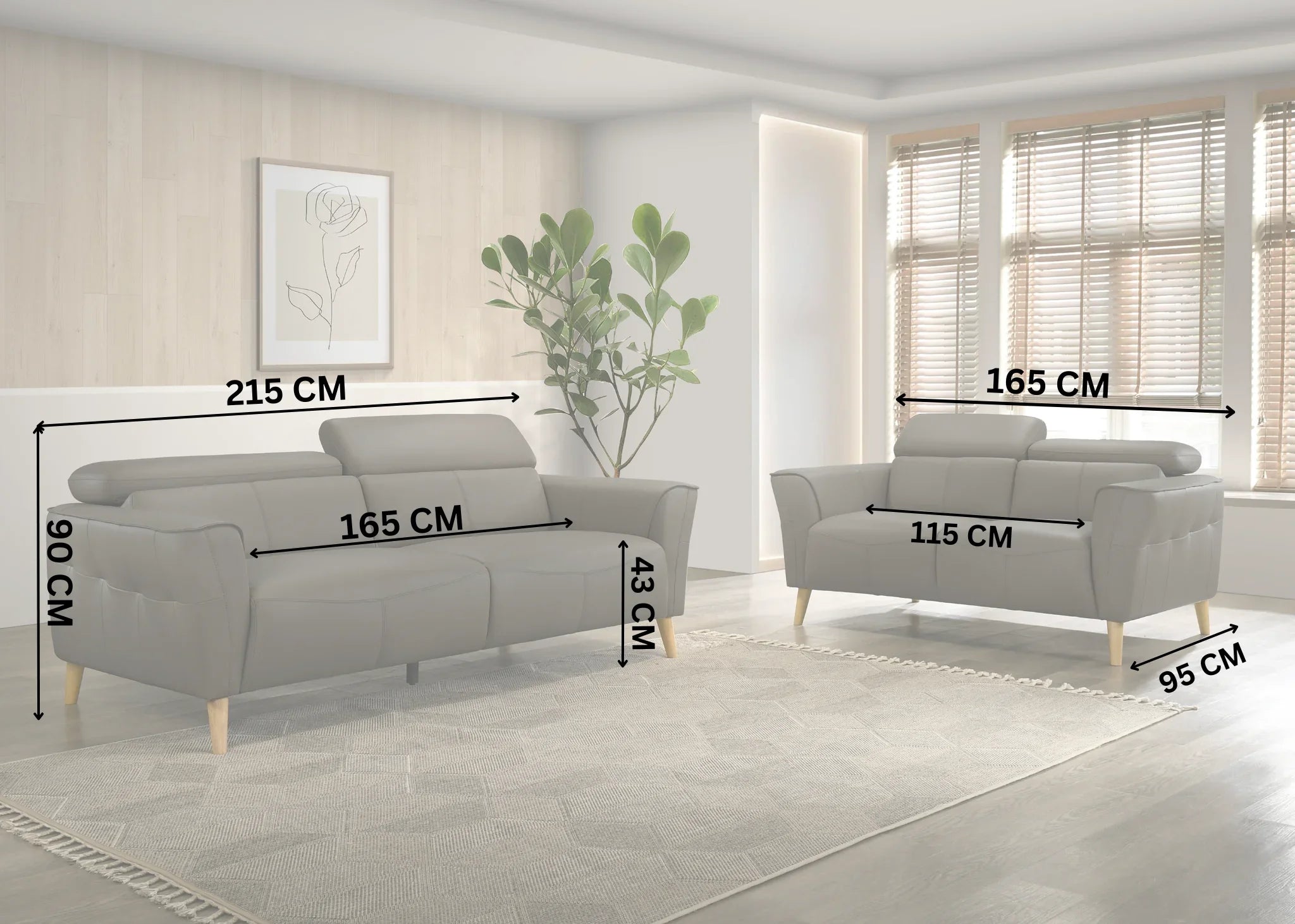 Grey leather sofa set with dimensions marked in a living room setting
