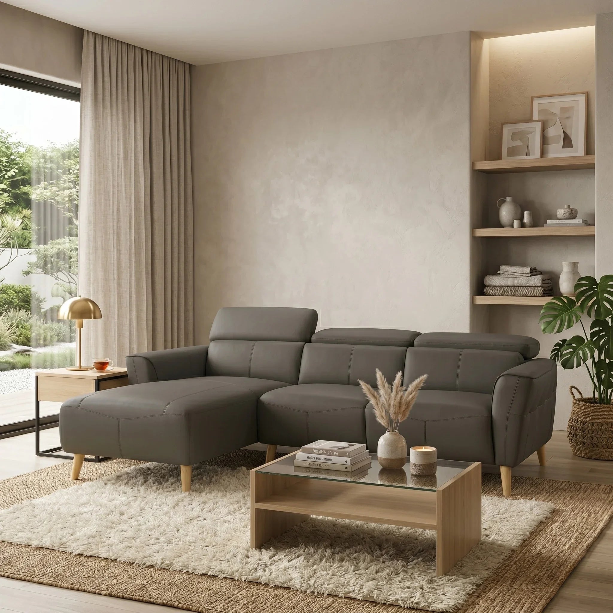 Modern living room with a gray sectional sofa, wooden coffee table, and decorative elements.