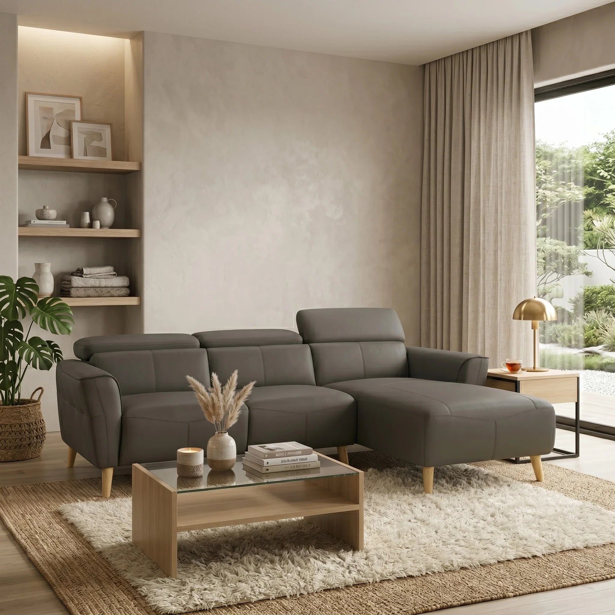Modern living room with a gray sectional sofa, wooden coffee table, and decorative elements.
