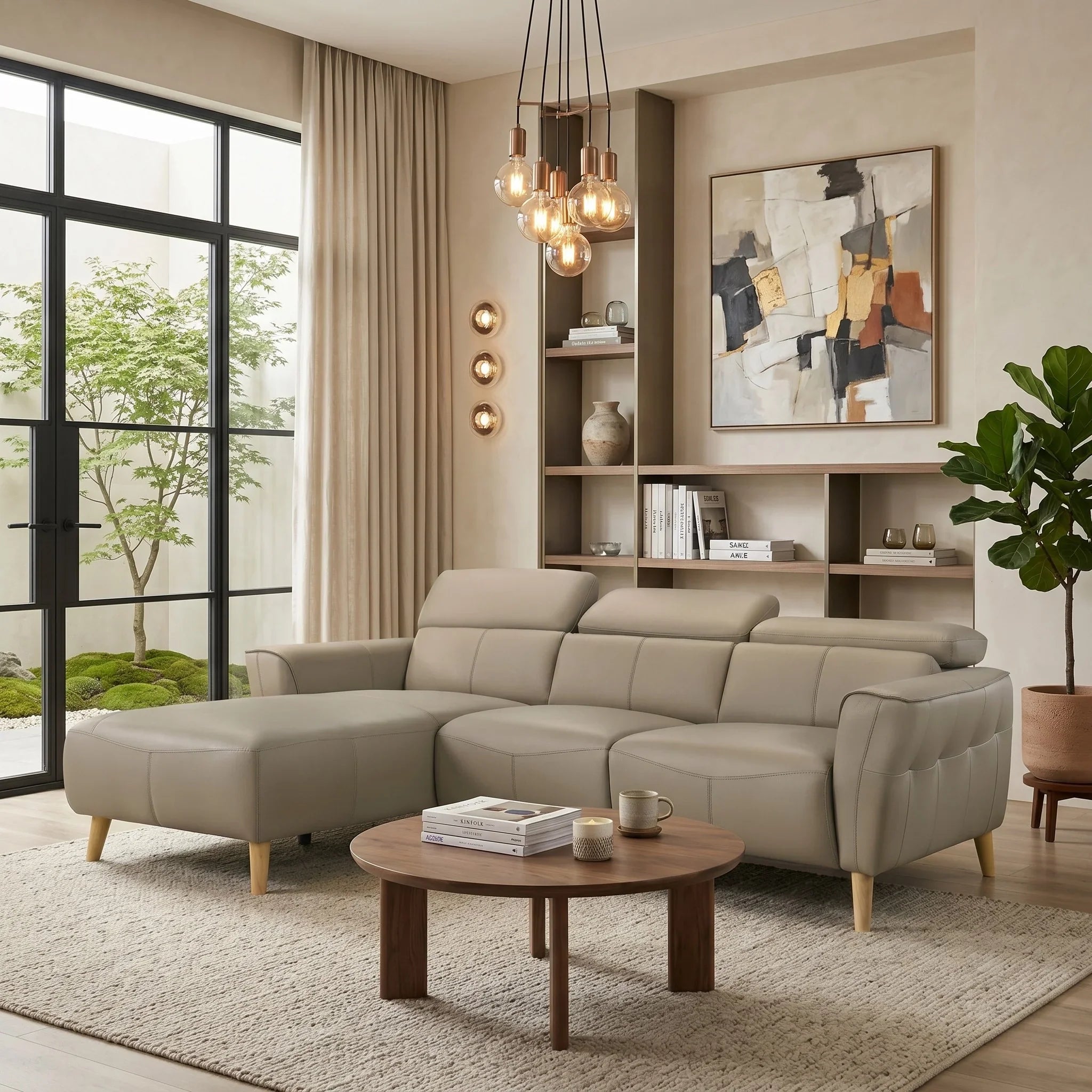 Modern living room with a beige sectional sofa, wooden coffee table, and abstract art on the wall.
