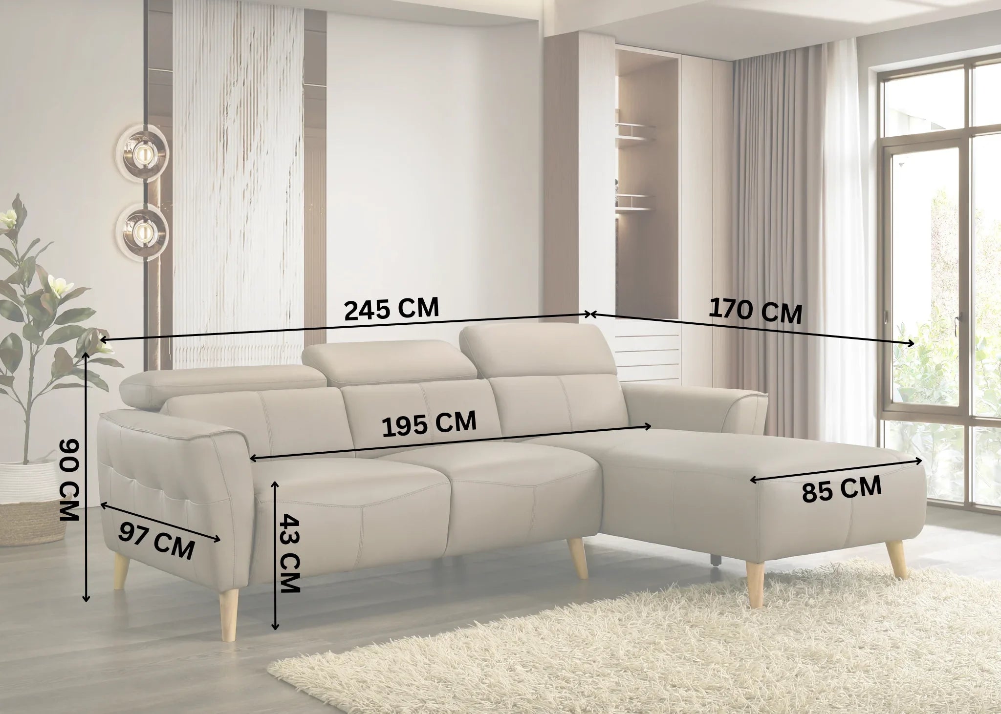Khakhi leather sectional sofa with dimensions marked in a living room setting