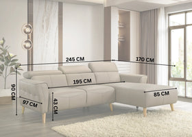 Khakhi leather sectional sofa with dimensions marked in a living room setting