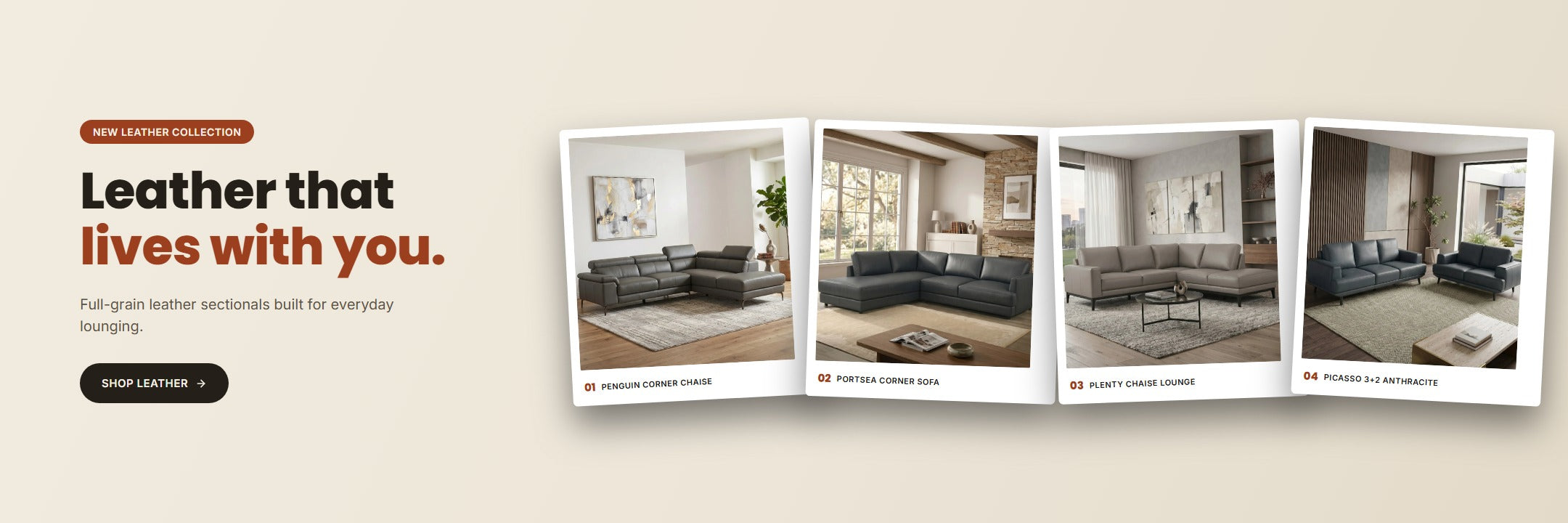 Penguin leather sofa collection homepage hero banner