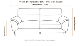 Penrith 2 Seater Leather Sofa dimension diagram showing 171 cm length, 90 cm depth, 46 cm seat height and 92 cm overall height