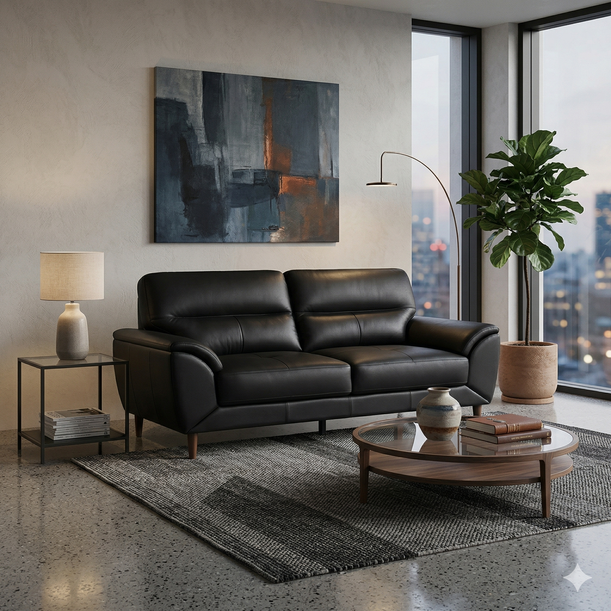 Modern living room with a black leather sofa, round wooden coffee table, and abstract painting.