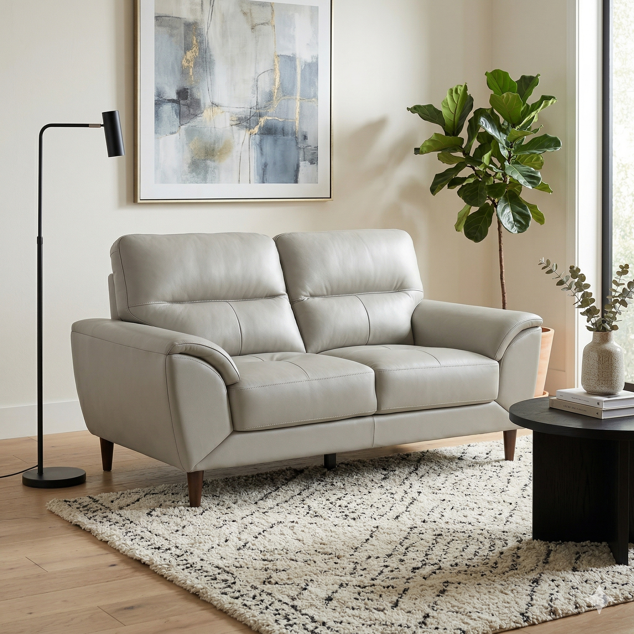 Light gray sofa in a living room with a rug, lamp, and plant.