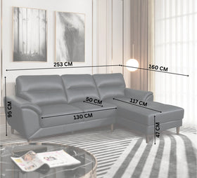 Grey 3 seater sofa with chaise, labeled measurements in modern living room