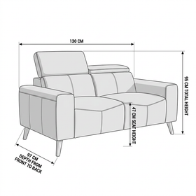 Percy 2 Seater Leather Lounge dimension diagram showing 130 cm length, 97 cm depth, 47 cm seat height and 95 cm total height