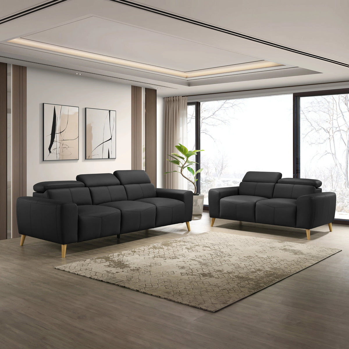 Percy 3+2 Black Leather Lounge Set