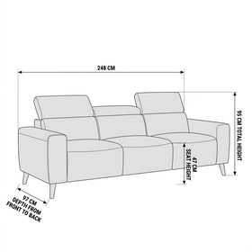 Percy 3 Seater Leather Lounge dimension diagram showing 248 cm length, 97 cm depth, 47 cm seat height and 95 cm total height