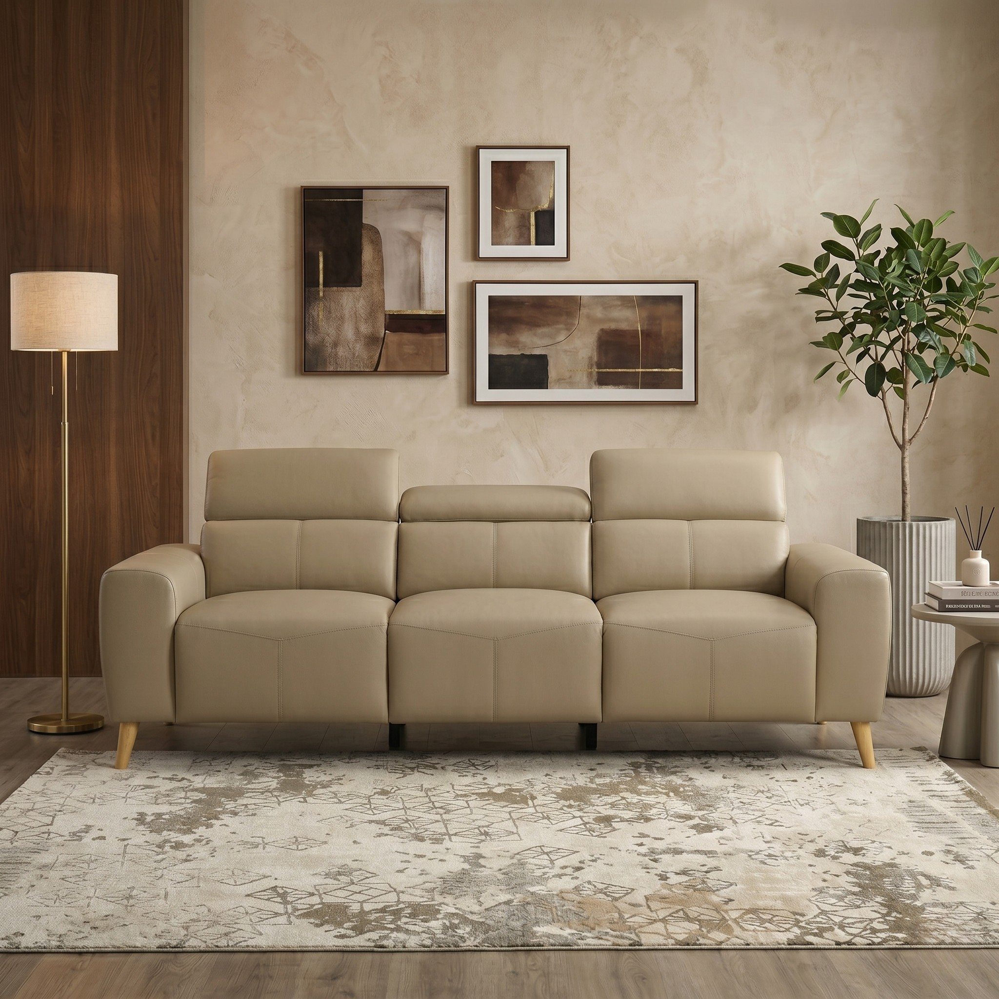 Percy 3 Seater Leather Lounge in beige with modern wooden legs, placed in a stylish living room featuring abstract wall art, a floor lamp, and a potted plant.
