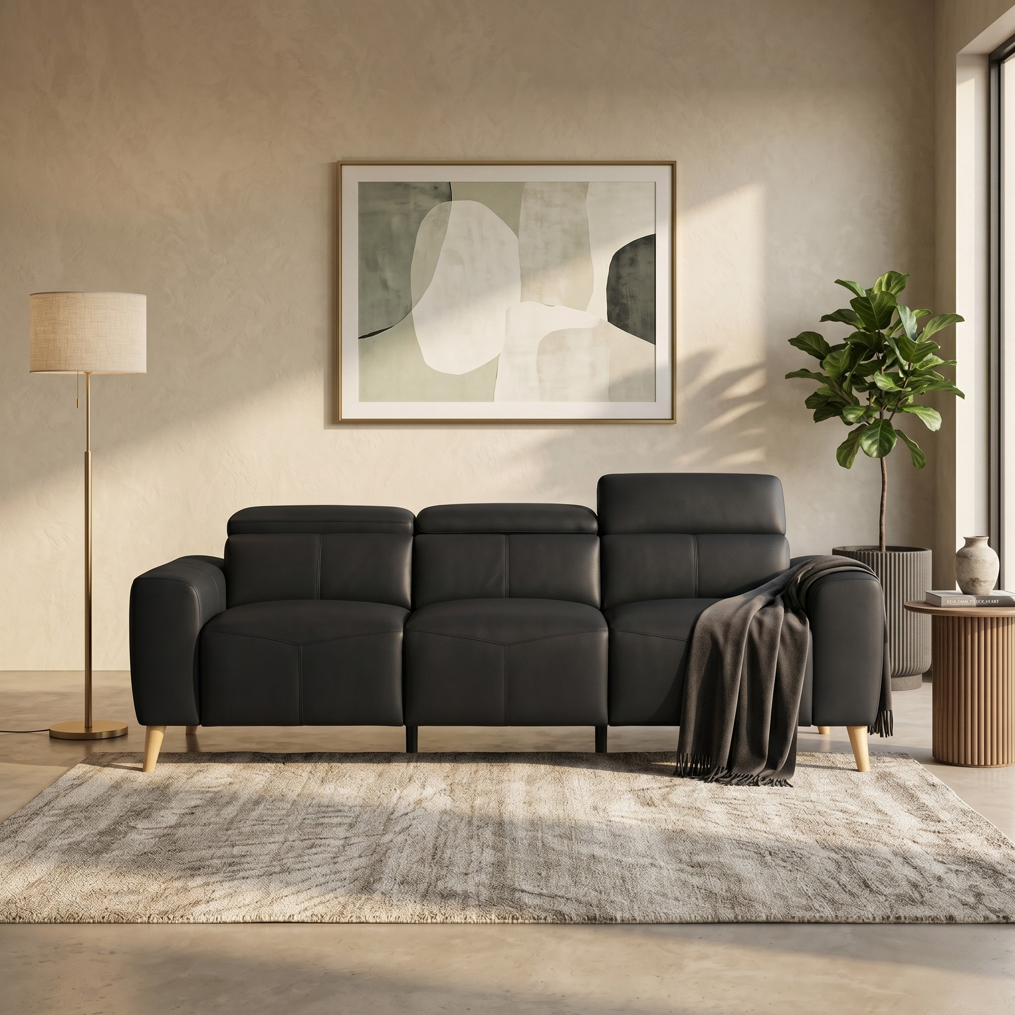 Percy 3 Seater Leather Lounge in black with wooden legs, placed in a modern living room with neutral tones, a floor lamp, abstract wall art, and a green potted plant.