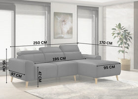 Black leather sectional sofa with dimensions marked in a room setting