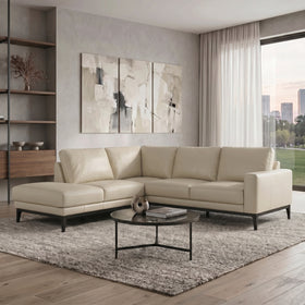 Plenty Leather Chaise Lounge in Light Grey leather styled in a modern living room, right-hand chaise when sitting.