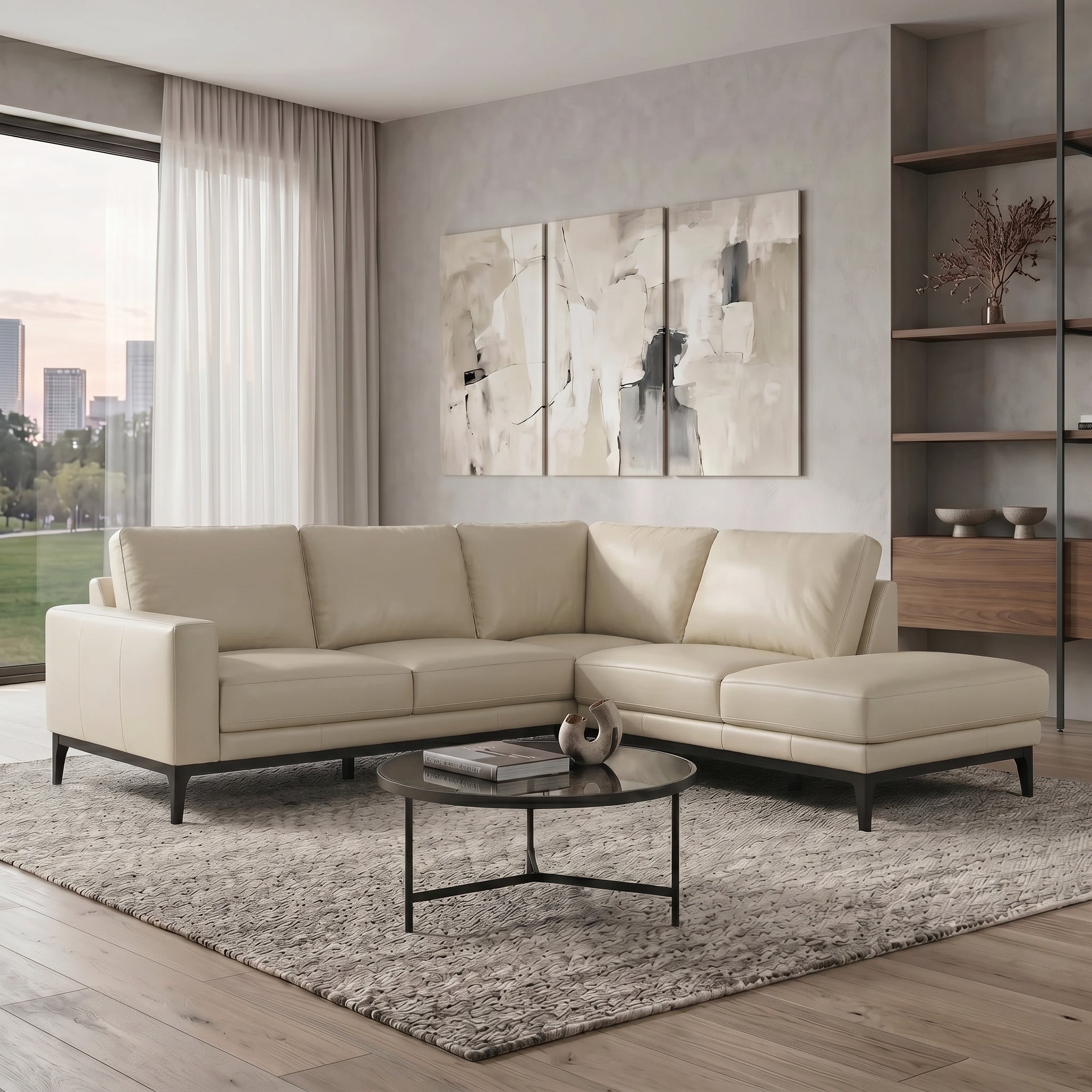 Plenty Leather Chaise Lounge in Light Grey leather styled in a modern living room, left-hand chaise when sitting.